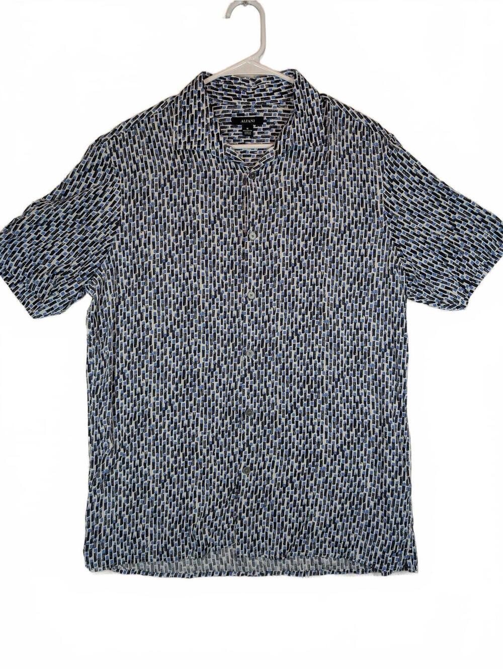 Alfani Geometric Print Casual Button Up Short Sleeve Rayon Shirt Mens Medium